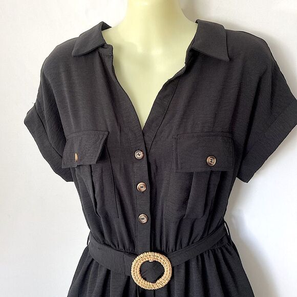Blu Pepper Mine Black Dress Button Front Matching Belt Midi NWT Sz Medium - Picture 2 of 9